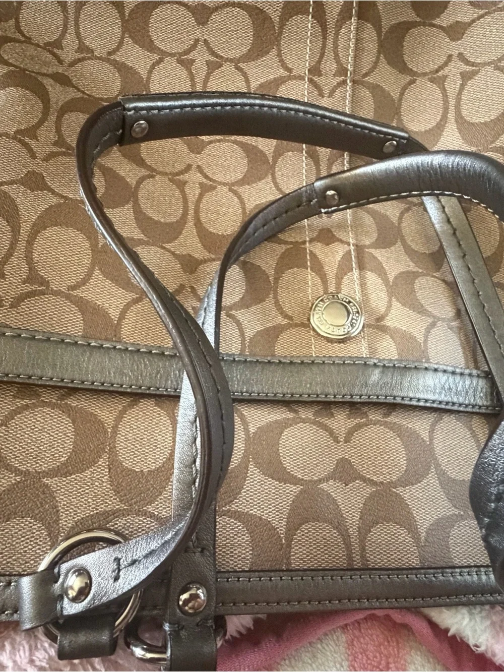 Coach Brown Khaki Signature Canvas Tote with Leather Trim